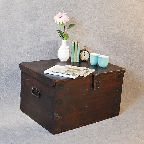 Antique Coffee Table Blanket Chest Trunk Victorian Railway Mail Strong Box C1880