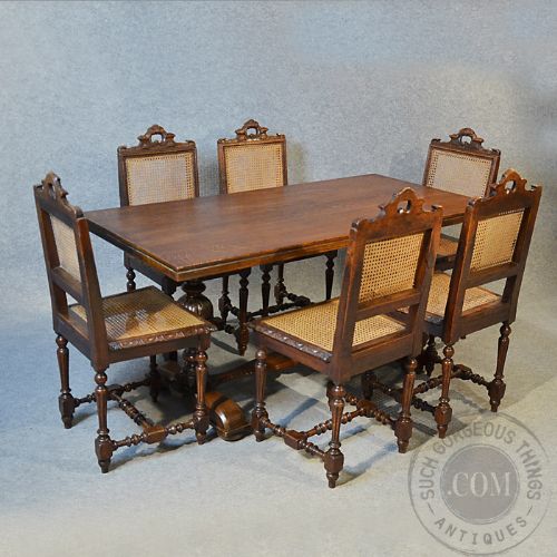 fig 3. Antique Set Oak Table & 6 Bergere Chairs Victorian Kitchen or Dining Suite c1900