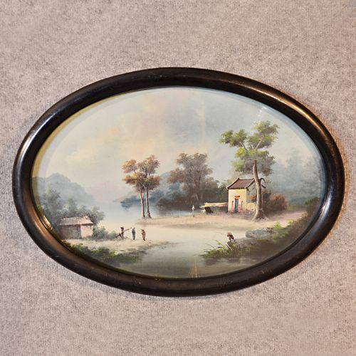 Antique Oriental Oil on Board Painting Chinese River Landscape 19th Century Art