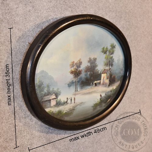 fig 1. Antique Oriental Oil on Board Painting Chinese River Landscape 19th Century Art