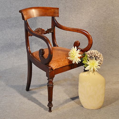 Desk Chair Antique Leather Scroll Arm Armchair Office Study Regency C1835