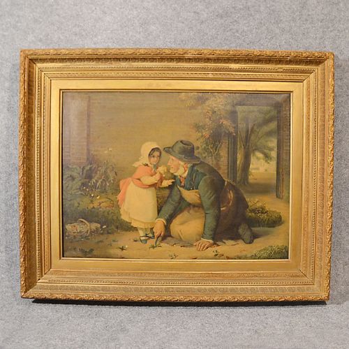 Antique Art Victorian Oleograph Painting on Canvas in Gilt Frame C1900