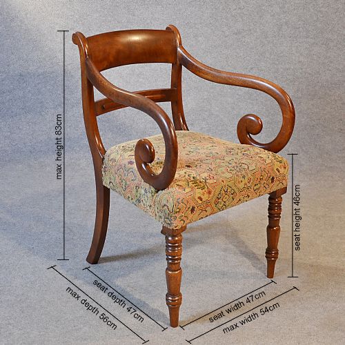 fig 1. Antique Desk Study Chair Scroll Arm Mahogany Elbow Armchair Office English c1835