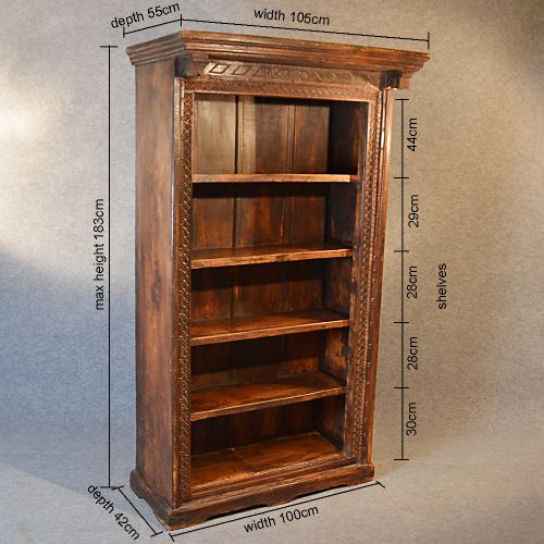 fig 1. Antique Large Bookcase Open Carved Book Library Cabinet Solid Teak c1900
