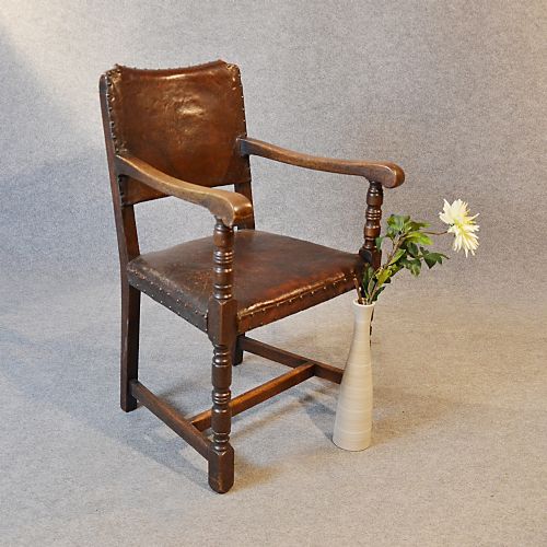 Antique Oak & Leather Armchair Carver Chair Cromwellian Revival English C1900