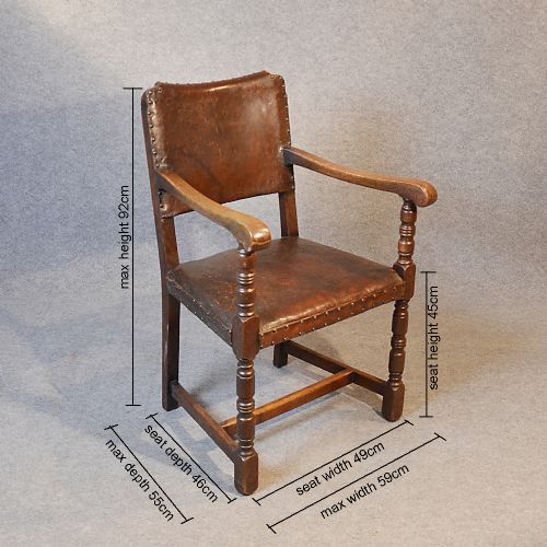 fig 1. Antique Oak & Leather Armchair Carver Chair Cromwellian Revival English c1900