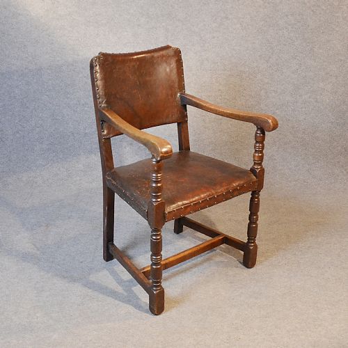 fig 2. Antique Oak & Leather Armchair Carver Chair Cromwellian Revival English c1900