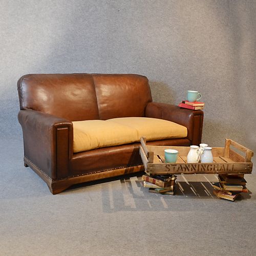 Sofa Vintage Leather Antique 2 Seater Club Settee Art Deco Period Couch C1930