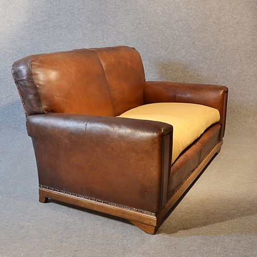 fig 3. Sofa Vintage Leather Antique 2 Seater Club Settee Art Deco Period Couch c1930