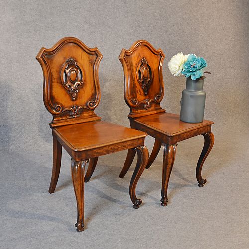 Antique Pair Hall Chairs Quality Mahogany Cabriole Leg Victorian English C1860