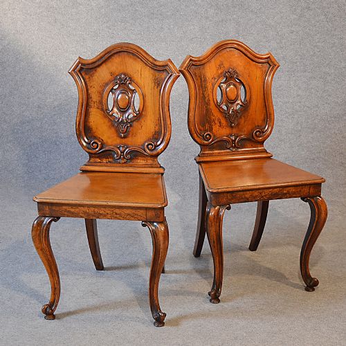 fig 2. Antique Pair Hall Chairs Quality Mahogany Cabriole Leg Victorian English c1860