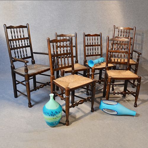 Antique Set 6 Quality Oak Kitchen Dining Spindle Back Chairs with Carvers C1900