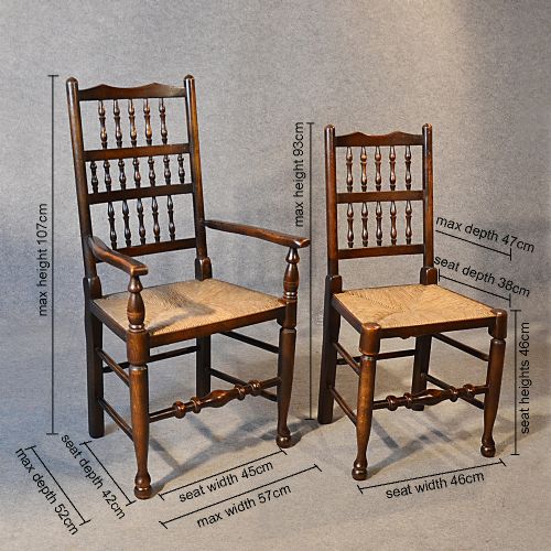 fig 1. Antique Set 6 Quality Oak Kitchen Dining Spindle Back Chairs With Carvers c1900