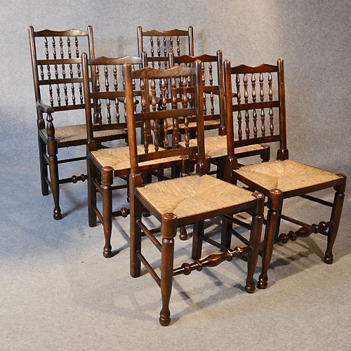 fig 2. Antique Set 6 Quality Oak Kitchen Dining Spindle Back Chairs With Carvers c1900