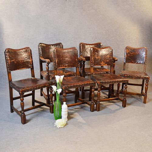 Antique Set 6 Six Oak & Leather Dining Chairs Inc Pair Carvers C1900