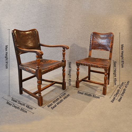 fig 1. Antique Set 6 Six Oak & Leather Dining Chairs Inc Pair Carvers c1900