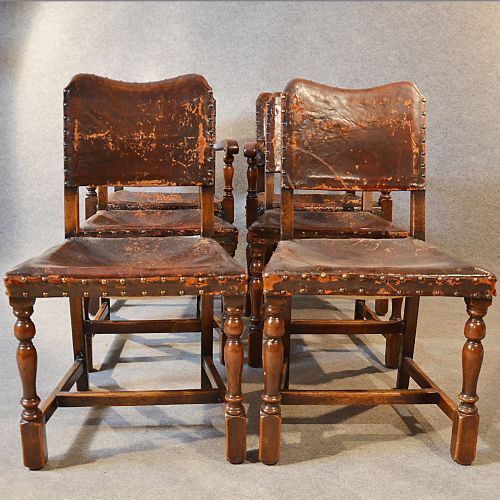 fig 2. Antique Set 6 Six Oak & Leather Dining Chairs Inc Pair Carvers c1900