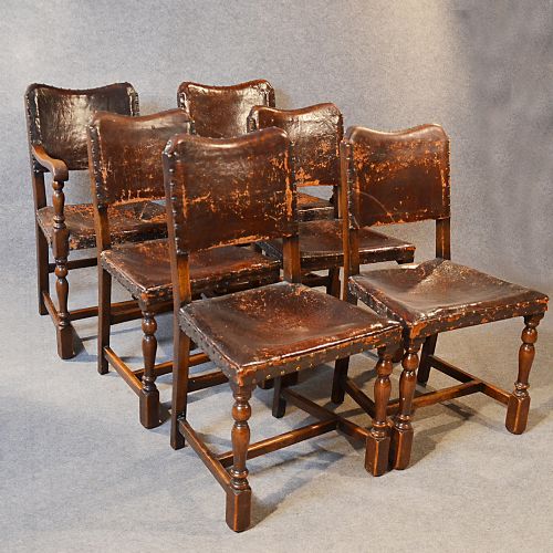 fig 3. Antique Set 6 Six Oak & Leather Dining Chairs Inc Pair Carvers c1900