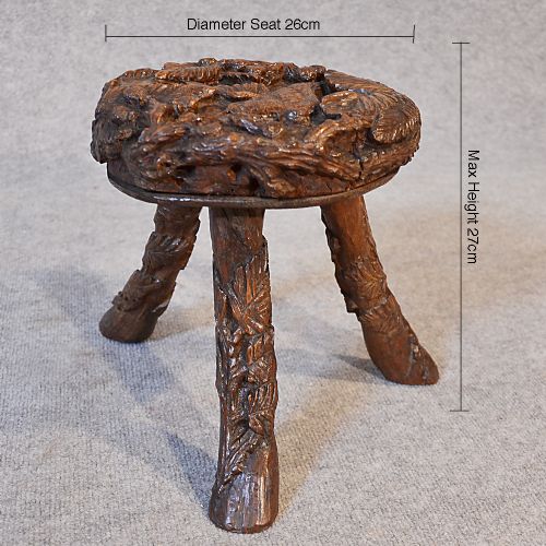 fig 1. Antique Oak Stool Intricately Hand Carved Three Leg English Country Seat c1800