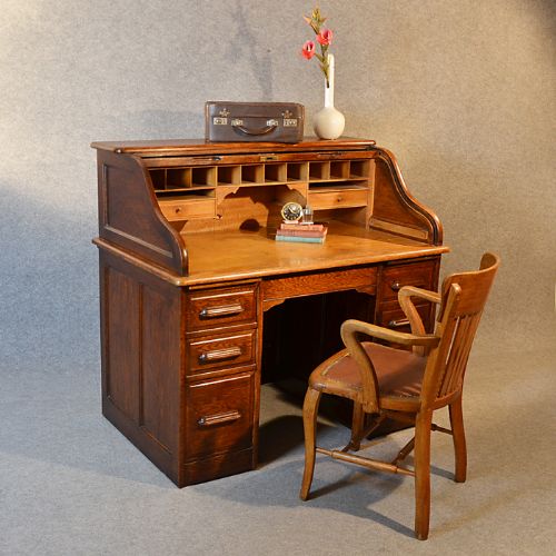 Antique Roll Top Writing Bureau Desk English Oak Edwardian Tambour Roll Top C1910