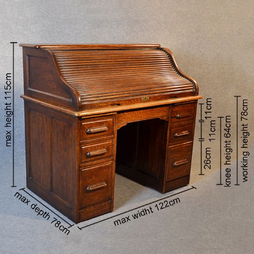 fig 1. Antique Roll Top Writing Bureau Desk English Oak Edwardian Tambour Roll Top c1910