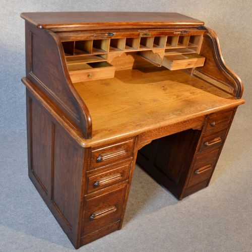 fig 2. Antique Roll Top Writing Bureau Desk English Oak Edwardian Tambour Roll Top c1910