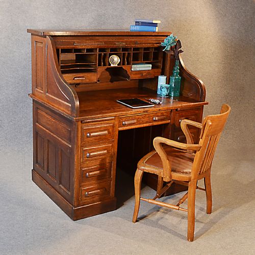 Antique Roll Top Writing Bureau Desk Oak Edwardian Globe Wernicke Rolltop C1910