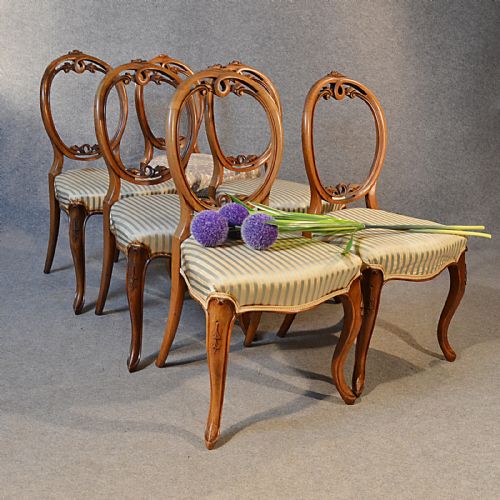 Antique Set Six Early Victorian Walnut Dining Chairs English Balloon Back C1850