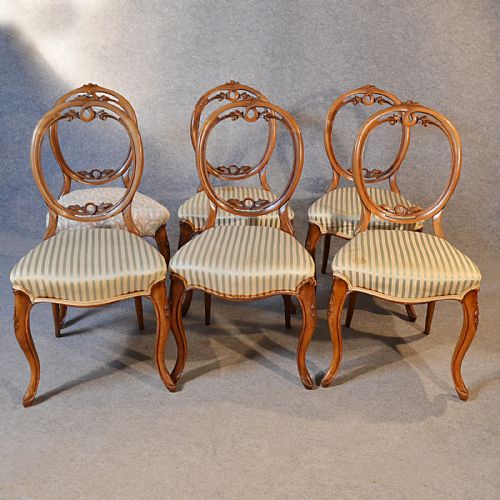 fig 3. Antique Set Six Early Victorian Walnut Dining Chairs English Balloon Back c1850