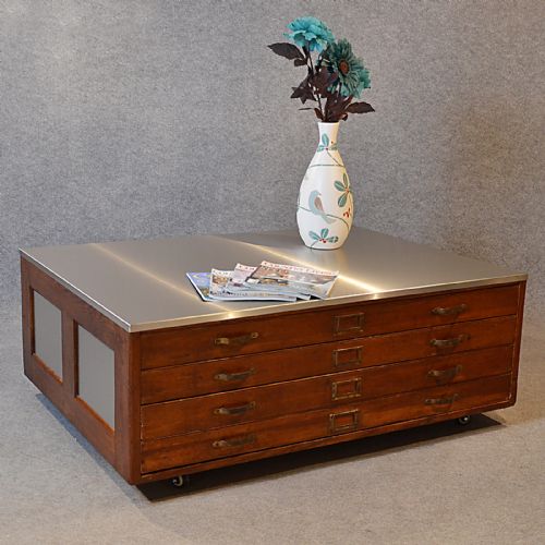 Plan Chest Coffee Table Vintage Industrial Drawers Stainless Steel Top C1920