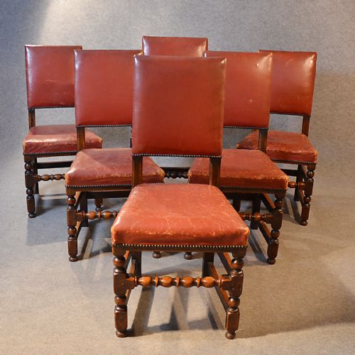 Antique Set 6 Six Oak & Leather Cromwellian Revival Dining Chairs English C1900