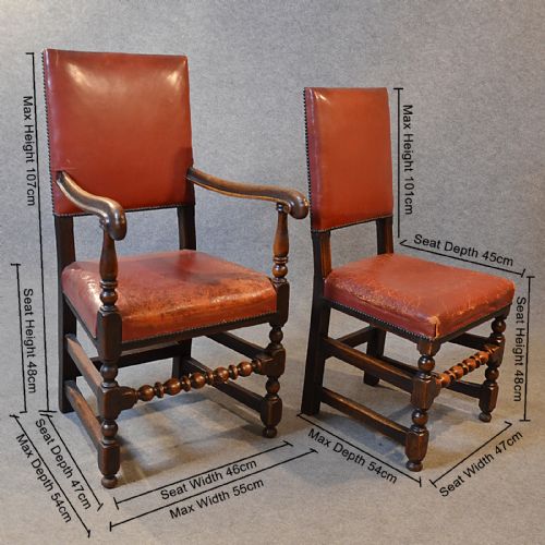 fig 1. Antique Set 6 Six Oak & Leather Cromwellian Revival Dining Chairs English c1900