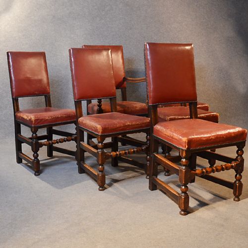 fig 2. Antique Set 6 Six Oak & Leather Cromwellian Revival Dining Chairs English c1900