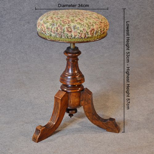 fig 1. Antique Music Piano Stool Upholstered Adjustable Seat English Victorian c1880