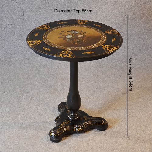 fig 1. Antique Table Ebonised Papier Mache Mother of Pearl Side Lamp Wine Tilt c1870