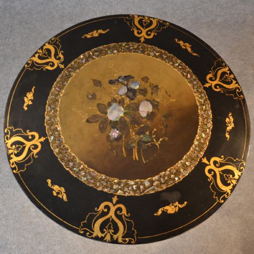 fig 2. Antique Table Ebonised Papier Mache Mother of Pearl Side Lamp Wine Tilt c1870