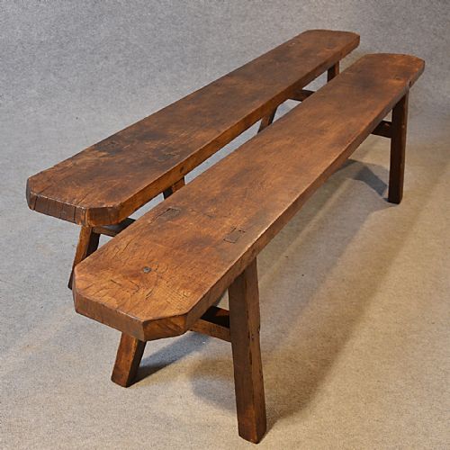 fig 2. Antique Pair Benches Seat Long Elm Form Quality Rustic Country Victorian c1900
