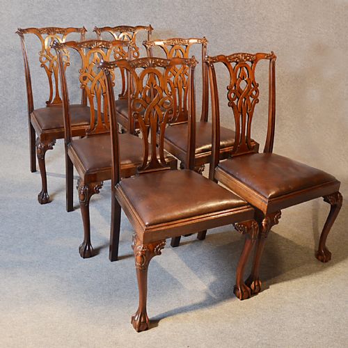 fig 2. Antique Set 6 Dining Chairs Victorian Chippendale Revival English Leather c1880