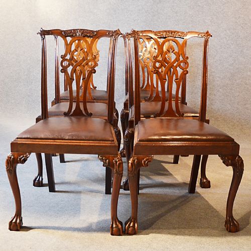 fig 3. Antique Set 6 Dining Chairs Victorian Chippendale Revival English Leather c1880