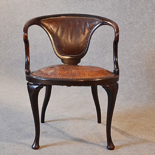 fig 3. Antique Armchair Leather Office Study Library Seat Salon Reading Arm Chair c1890