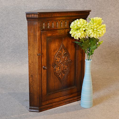 Antique Oak Corner Cupboard Carved Country Wall Cabinet Art Deco Period C1930