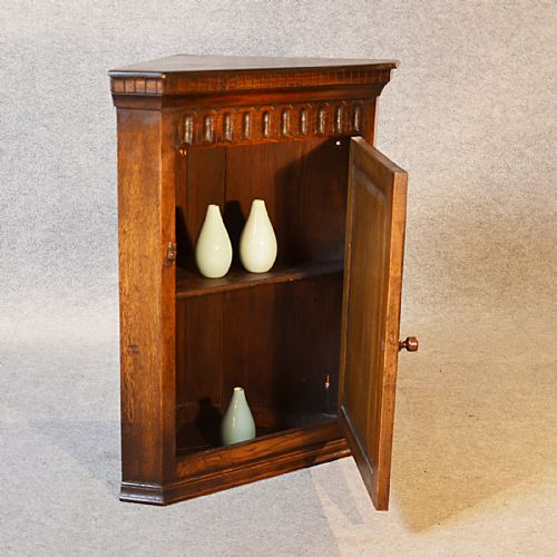 fig 2. Antique Oak Corner Cupboard Carved Country Wall Cabinet Art Deco Period c1930