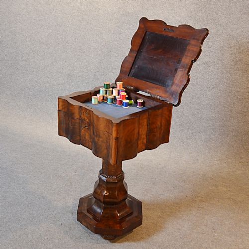 fig 2. Antique Work Side Table Sewing Box English Early Victorian Flame Mahogany c1840