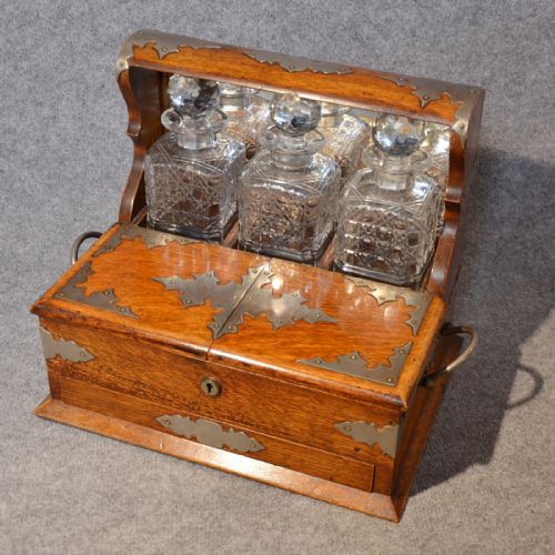 fig 1. Antique Tantalus Oak Triple Decanter Set Fine Quality English Victorian c1880