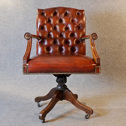 Antique Leather Desk Office Swivel Chair English Edwardian Armchair C1910