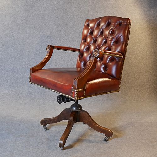 fig 2. Antique Leather Desk Office Swivel Chair English Edwardian Armchair c1910