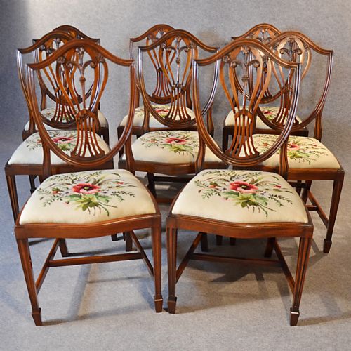 Antique Set 8 Chairs Hepplewhite Revival English George VI Quality Tapestry Seat