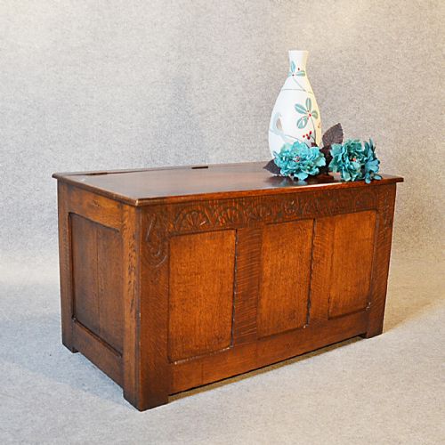 Antique Oak Coffer Chest Trunk Blanket Storage Box Art Deco Period C1930