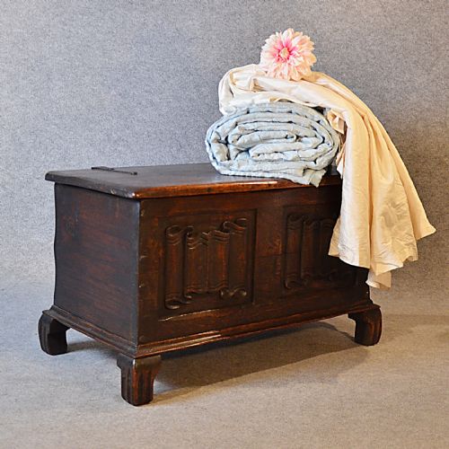 Antique Oak Coffer Chest Trunk Blanket Storage Box Victorian Linen Fold C1900