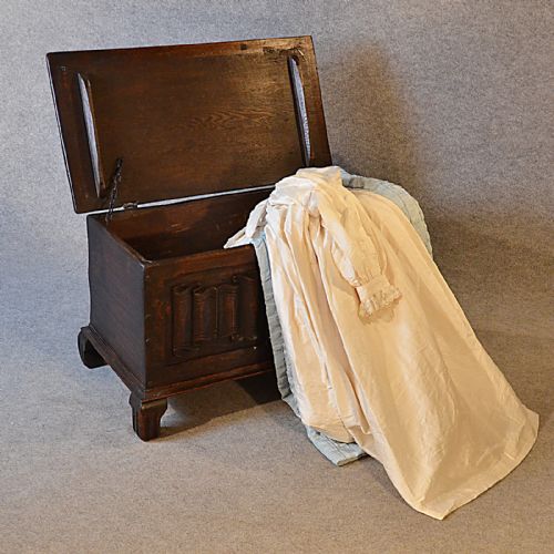 fig 2. Antique Oak Coffer Chest Trunk Blanket Storage Box Victorian Linen Fold c1900